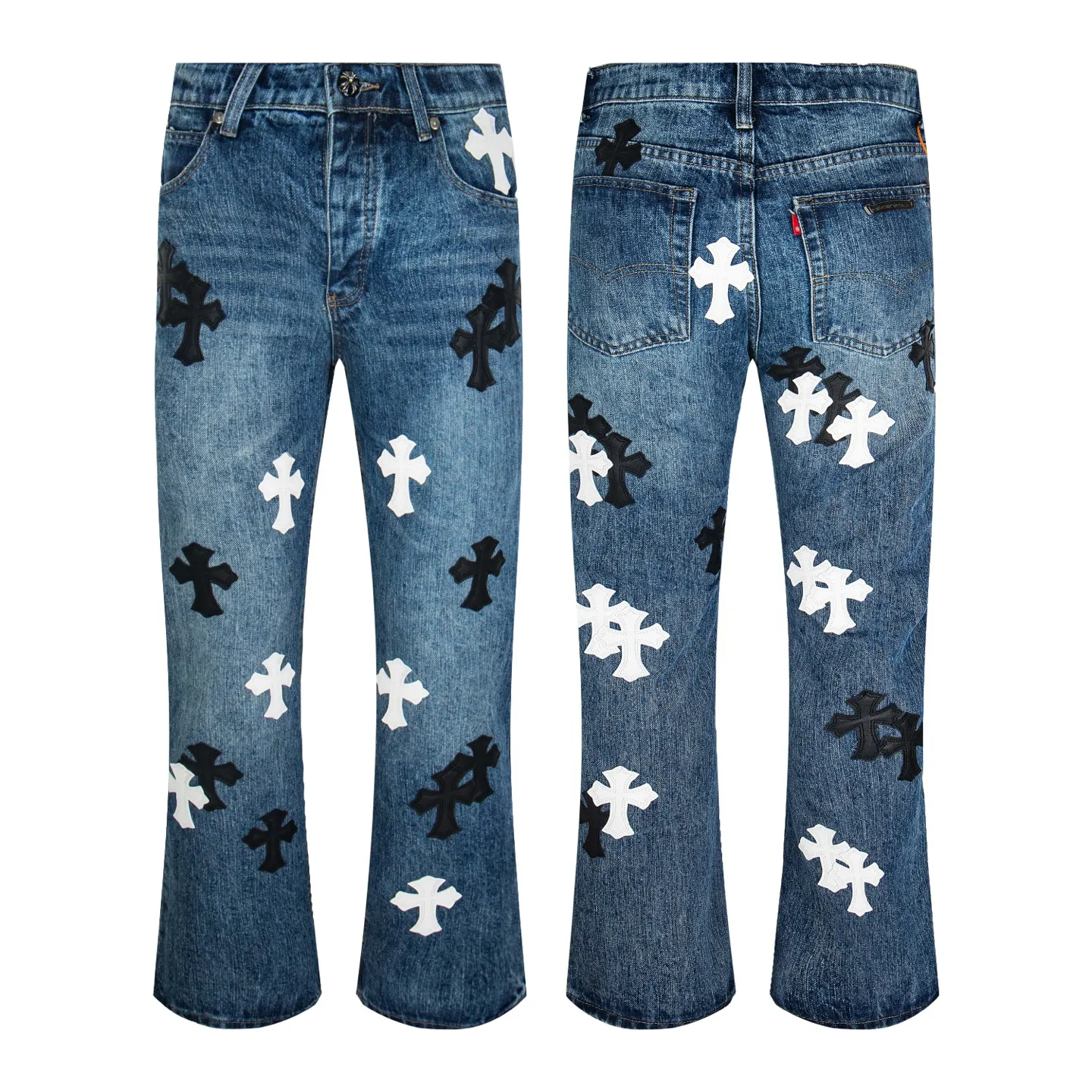 P240 Chrome Hearts Chrome Hearts blue pants, black and white multi-leather jeans, multi-leather label work jeans, ch jeans, all need to be washed and then disassembled and hand-stitched with sheepskin cross leather and then spliced to complete. The whole process is too complicated to describe. About Chrome Hearts This is an extremely luxurious fashion brand that can also be called the nobility of the high street. It has always been an exclusive brand for some hipsters or rich second generations. Compared with ordinary high streets, it is more luxurious and noble. Compared with luxury brands, it is more fashionable and individual. It has always been a brand that I have a special liking for. Style number: 1790# Color: blue Size: 28 30 32 34 36